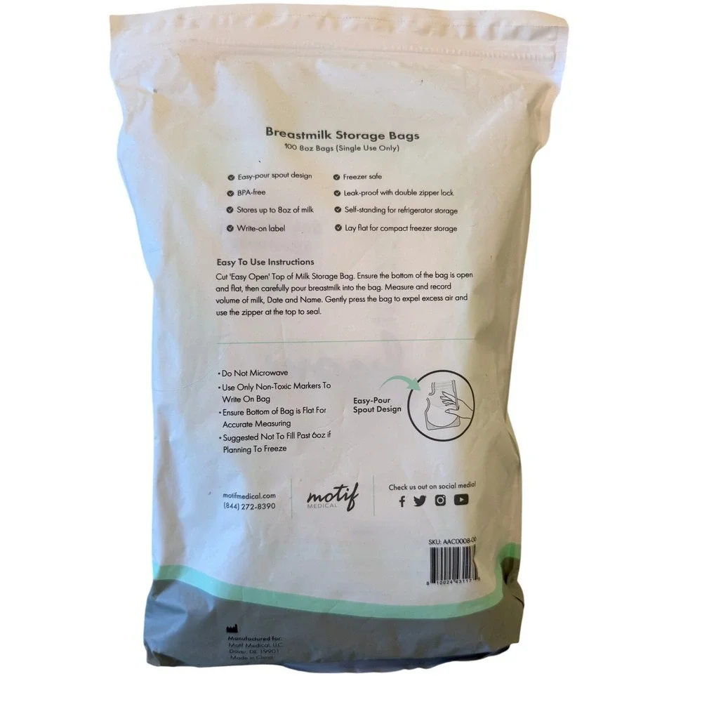 Motif Breastmilk Storage Bags Women 100 Count White 8oz BPA-Free Leak-Proof